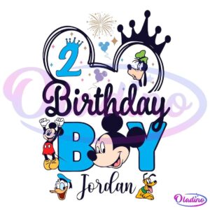 Colorful design of "2 Birthday Boy" with Disney characters including Mickey Mouse, Donald Duck, and Pluto. The number "2" and the word "Boy" are prominent, with playful elements like balloons and fireworks. The name "Jordan" appears at the bottom.