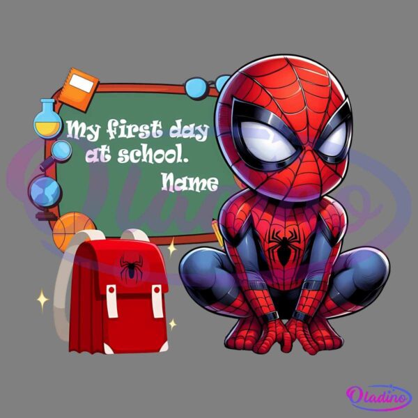 Illustration of a chibi Spider-Man in a squatting pose next to a red backpack with the Spider-Man logo. In the background, there's a chalkboard with the text "My first day at school. Name" written on it, along with school-related icons like books and a globe.