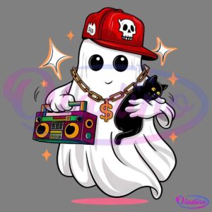 Cute Ghost With Cat Hip Hop Halloween PNG