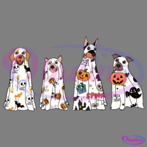 Four dogs are dressed in Halloween-themed costumes resembling ghosts. Each costume features different spooky patterns, including skulls, pumpkins, bats, and the words "Spooky" and "Trick or Treat." The dogs stand against a solid black background.