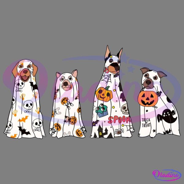 Four dogs are dressed in Halloween-themed costumes resembling ghosts. Each costume features different spooky patterns, including skulls, pumpkins, bats, and the words "Spooky" and "Trick or Treat." The dogs stand against a solid black background.