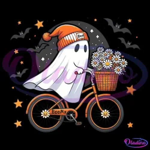 A cartoon ghost wearing an orange beanie with "Boo" on it rides an orange bicycle with a basket full of white daisies. Black bats and orange stars fill the background, with a dark circular moon-like shape behind the ghost. The bicycle has "BooMx" written on it.