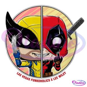 A circular illustration features half of Wolverine's face on the left and half of Deadpool's face on the right. Deadpool holds his middle finger up, with a sword through his head. The bottom text reads "Las Vegas FunkoHolics x Lee Wiley.