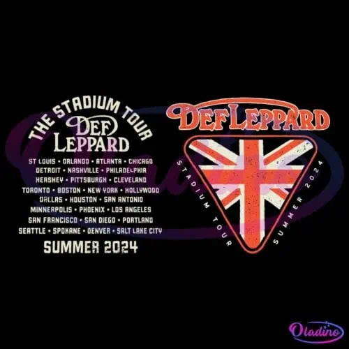 Two graphics for Def Leppard's 2024 Stadium Tour. The left graphic lists tour cities underneath "THE STADIUM TOUR" and "DEF LEPPARD SUMMER 2024." The right design shows "DEF LEPPARD" above a Union Jack shield, with "STADIUM TOUR SUMMER 2024" around it.