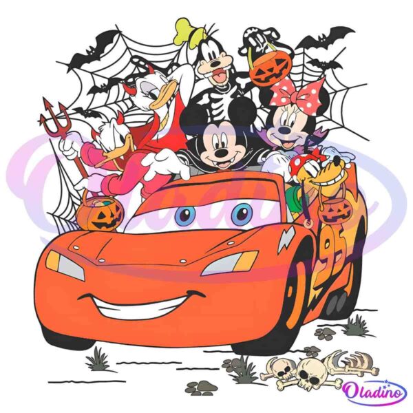 A Halloween-themed illustration featuring cartoon characters. Mickey Mouse and friends, including Goofy, Donald Duck, Daisy Duck, and Minnie Mouse, all dressed in costumes, gather around an orange race car, Lightning McQueen. Bats, spider webs, and skeletons set the spooky scene.