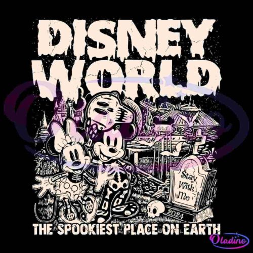 A Halloween-themed illustration featuring Mickey and Minnie Mouse in skeleton costumes standing in front of spooky, decrepit buildings. The text "Disney World" appears in large, eerie letters above them with "The Spookiest Place on Earth" written below. Additional text on a tombstone reads "Stay With Me" and "2024".