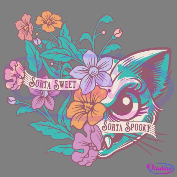 Stylized illustration featuring a cat partially hidden among colorful flowers and foliage. Two banners near the cat's face read "Sorta Sweet" and "Sorta Spooky." The artwork combines pastel shades of pink, purple, green, and orange.