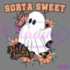 A cute white ghost with black eyes is holding a pink butterfly. The ghost is surrounded by orange flowers and green leaves. Above it is the text "Sorta Sweet" in orange with a black outline; below is "Sorta Spooky" in similar colors. The background is black.