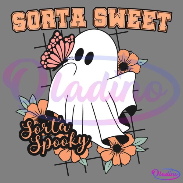 A cute white ghost with black eyes is holding a pink butterfly. The ghost is surrounded by orange flowers and green leaves. Above it is the text "Sorta Sweet" in orange with a black outline; below is "Sorta Spooky" in similar colors. The background is black.