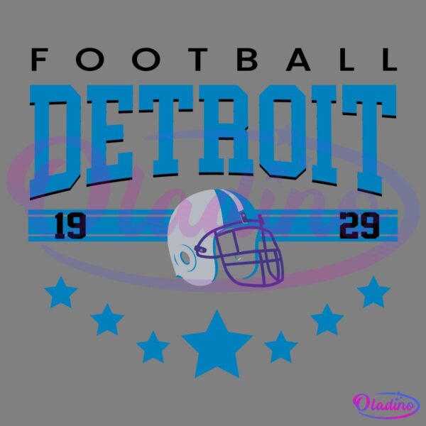 An illustrated design features the word "Detroit" in bold blue letters with a football helmet in the center, flanked by the years "19" and "29" on either side. There are blue stars arranged in an arc below, with a large star in the center.