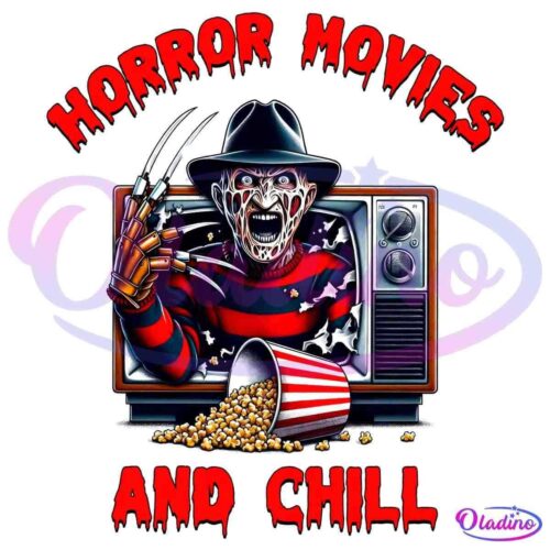 Illustration of a monstrous character with a fedora and striped shirt, wielding clawed gloves, emerging from a TV screen. A spilled popcorn bucket is in front. Red text above and below reads "Horror Movies and Chill.