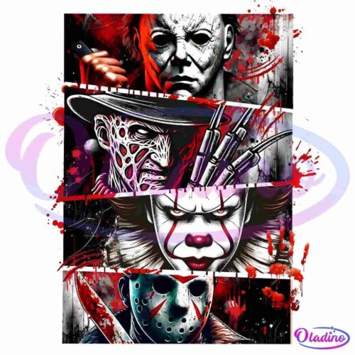 An artwork featuring four iconic horror movie characters arranged in horizontal panels. From top to bottom: a masked man holding a knife, a villain with a hat and clawed glove, a clown with red makeup, and a masked figure with a machete. Red paint splatters accent the image.