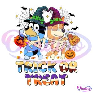 Two animated dogs in Halloween costumes stand holding paws. Both wear witch hats and are wrapped in bandages like mummies. The blue dog holds a black cat pumpkin, while the tan dog holds a pumpkin lantern and a treat bag. "Trick or Treat" is written below them.