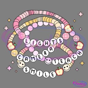 A colorful illustration of beaded necklaces with words spelled out on the beads. The necklaces have patterns and colors including pink, yellow, and white. Words on the beads read "LIGHTS CAMERA TEACH SMILE" and are decorated with apples, stars, and smiley faces.