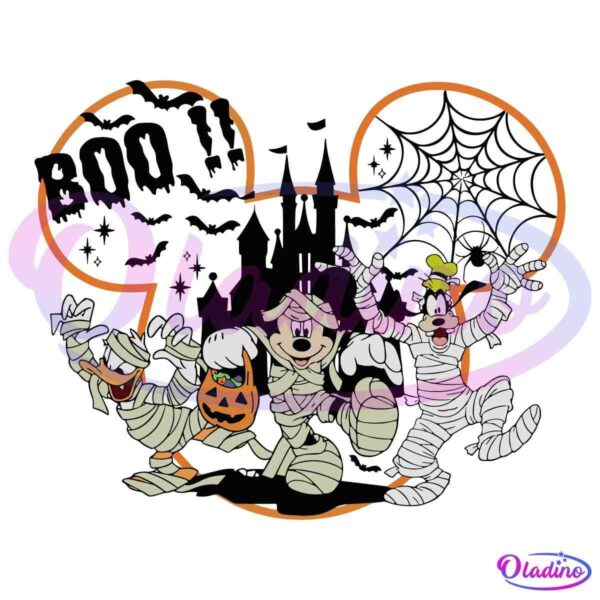 Cartoon characters dressed as mummies with bandages wrapped around their heads and bodies. One character holds a pumpkin bucket, another raises their hands in a scary gesture, and the third character has a green hat on. A Mickey Mouse icon with Halloween elements is in the background.