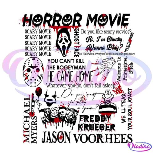 A collage features scattered red splatters, handprints, and spooky faces. Words like "Horror Movie," along with phrases like "Have a scare," "Murder," and "Watch out!" are visible amidst the design. The overall theme evokes a menacing Halloween or horror aesthetic.