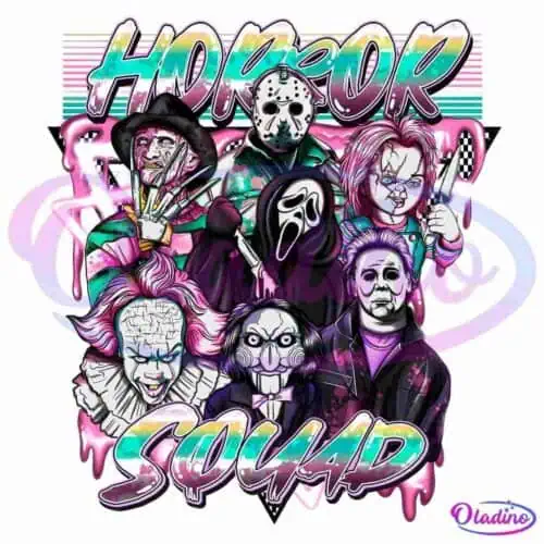 An artistic collage featuring seven iconic horror movie characters with the words "Horror Squad" in vibrant graffiti-style writing above and below them. The background is filled with bright neon pink and blue splashes, adding a contrasting colorful effect.