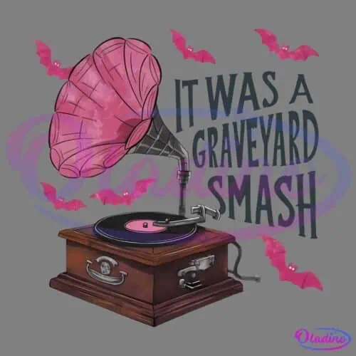 Illustration of a vintage gramophone with a pink horn and vinyl record, emitting musical notes. Pink bats are flying around the gramophone, with a speech bubble indicating space for text on the right side of the image.