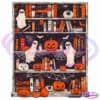 A spooky-themed bookshelf adorned with Halloween decorations. Glowing jack-o'-lanterns, white ghost figurines, cobwebs, and books fill the shelves. The color palette consists mainly of orange and black, enhancing the eerie atmosphere.