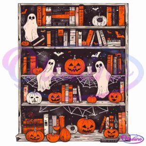 A spooky-themed bookshelf adorned with Halloween decorations. Glowing jack-o'-lanterns, white ghost figurines, cobwebs, and books fill the shelves. The color palette consists mainly of orange and black, enhancing the eerie atmosphere.