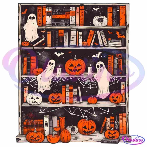 A spooky-themed bookshelf adorned with Halloween decorations. Glowing jack-o'-lanterns, white ghost figurines, cobwebs, and books fill the shelves. The color palette consists mainly of orange and black, enhancing the eerie atmosphere.