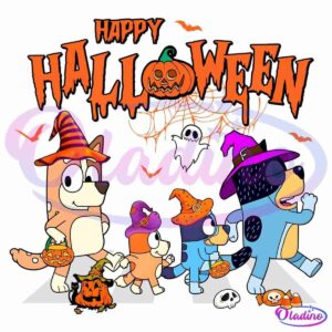 An illustration of four cartoon dogs in Halloween costumes. They walk with trick-or-treat bags while a spiderweb, ghosts, bats, and jack-o'-lanterns float above them. Text at the top reads "Happy Halloween" in an orange, spooky font.