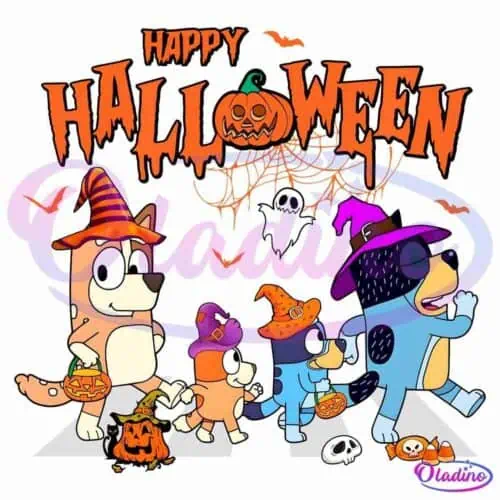 An illustration of four cartoon dogs in Halloween costumes. They walk with trick-or-treat bags while a spiderweb, ghosts, bats, and jack-o'-lanterns float above them. Text at the top reads "Happy Halloween" in an orange, spooky font.