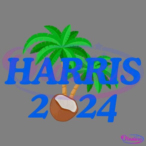 A graphic featuring the text "Harris 2024" in bold blue font. Behind the text stands a green palm tree, and in front, there is a brown coconut with a white interior. The coconut is positioned between the words "Harris" and "2024".