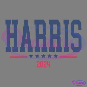 Dark blue text reading "HARRIS" in a bold, collegiate-style font, with a red "2024" beneath it. A row of five dark blue stars separates the two text elements, flanked by red horizontal lines on both sides of the stars. The background is white.