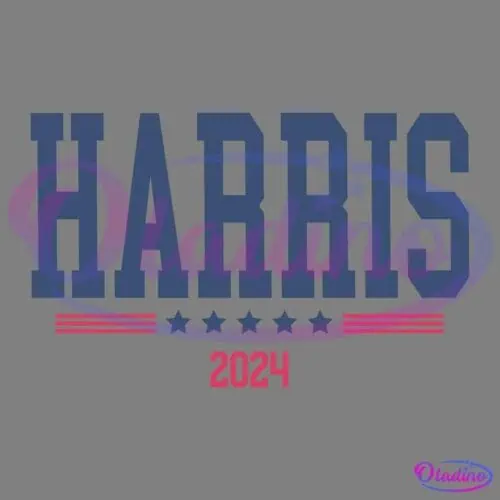 Dark blue text reading "HARRIS" in a bold, collegiate-style font, with a red "2024" beneath it. A row of five dark blue stars separates the two text elements, flanked by red horizontal lines on both sides of the stars. The background is white.