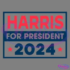 A campaign sign with "Harris for President 2024" in bold red and blue letters on a dark blue background. The word "Harris" is in large red text, with "for president" in smaller blue text below it. The number "2024" is in large blue text with red stars on either side.