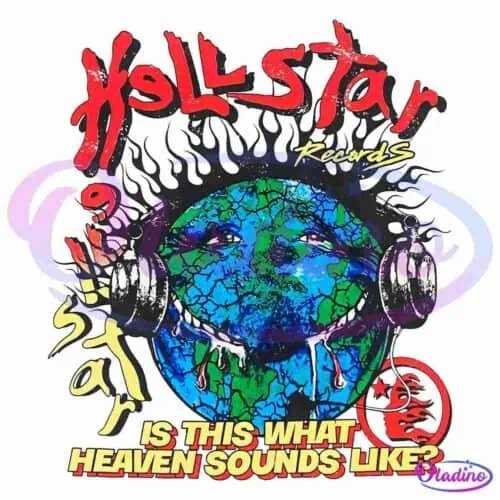 A colorful, grunge-style illustration features a blue and green Earth with headphones. Above, "Hollistar Records" is written in red and yellow stylized text. Below, the text reads, "Is this what heaven sounds like?" in bold yellow letters.