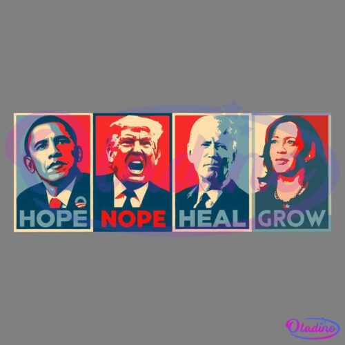 A stylized image with four portraits in pop art style. From left to right: Barack Obama with "HOPE," Donald Trump with "NOPE," Joe Biden with "HEAL," and Kamala Harris with "GROW." The colors used are predominantly red, blue, and beige.