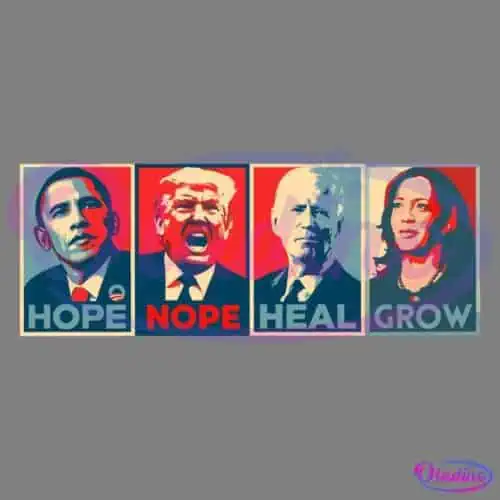 A stylized image with four portraits in pop art style. From left to right: Barack Obama with "HOPE," Donald Trump with "NOPE," Joe Biden with "HEAL," and Kamala Harris with "GROW." The colors used are predominantly red, blue, and beige.