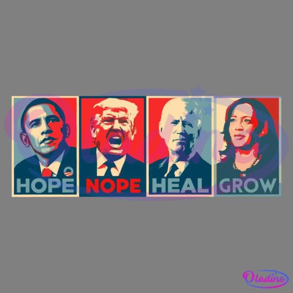 A stylized image with four portraits in pop art style. From left to right: Barack Obama with "HOPE," Donald Trump with "NOPE," Joe Biden with "HEAL," and Kamala Harris with "GROW." The colors used are predominantly red, blue, and beige.