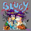 Illustration of four cartoon dogs wearing Halloween costumes, surrounded by Halloween elements like pumpkins, a tombstone, and spooky decorations. The word "Bluey" is written above them in a playful, dripping font.