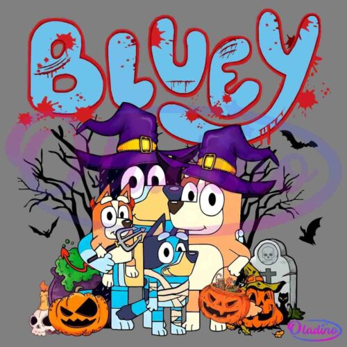 Illustration of four cartoon dogs wearing Halloween costumes, surrounded by Halloween elements like pumpkins, a tombstone, and spooky decorations. The word "Bluey" is written above them in a playful, dripping font.