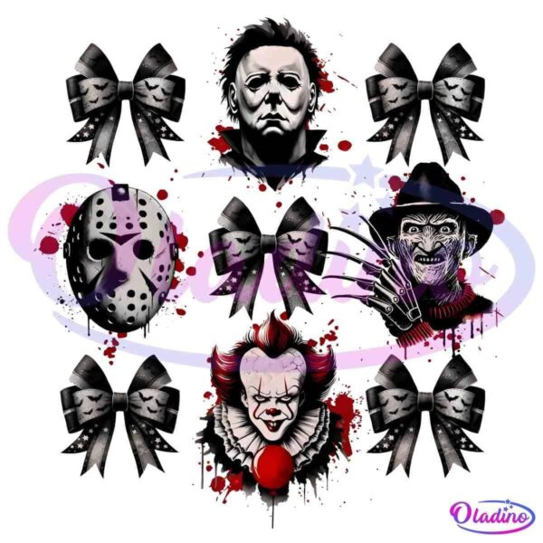 A collage of horror characters and black bows with red splatters. The characters include Michael Myers, Jason Voorhees' hockey mask, Freddy Krueger, and Pennywise the Dancing Clown. Each character is surrounded by splattered blood and placed among black bows.