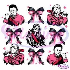 A pattern featuring alternating images of stylized, darkly shaded characters with pink clothing and pink-and-black bows. Each row includes three illustrations, with small pink stars scattered in the background. The central character wields a red-bladed object.