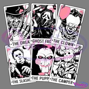 Illustration of six horror characters on playing cards. "The Dream" shows a clawed figure, "Ghost Face" depicts a masked figure, "The Clown" features a sinister clown, "The Slash" shows a figure with a knife, "The Puppet" has a puppet with a spiral face, and "The Camper" depicts a masked figure with a machete.