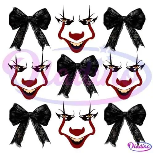 A pattern featuring three rows of alternating sinister clown faces and black lace bows against a black background. The clown faces have glowing eyes and red markings, while the bows are intricately detailed.