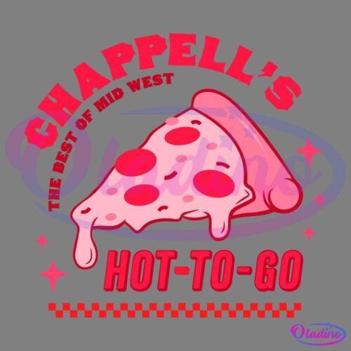 Illustration of a pizza slice with melted cheese and pepperoni, surrounded by red text. The top reads, "Chappell's The Best of Mid West," and the bottom reads, "Hot-To-Go." Decorative stars and checkered patterns are included.