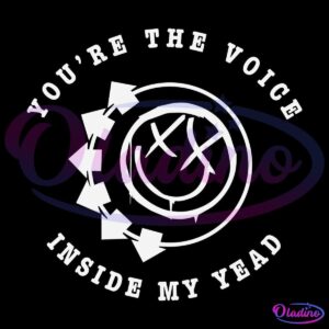 A circular design features a smiley face with crossed-out eyes and a mouth shaped like a musical note. It is surrounded by arrows and text that reads "You're the voice inside my head." The design is set against a black background.