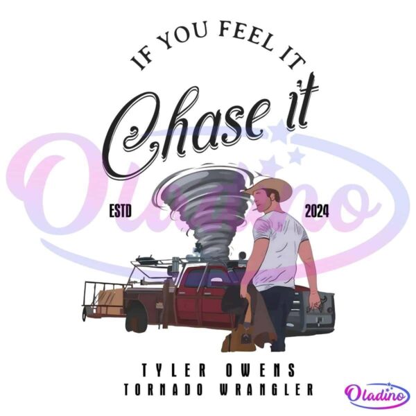 Illustration of a person in a cowboy hat holding a camera, standing next to a truck outfitted with weather monitoring equipment. A large tornado is depicted behind the truck. The text above reads "If you feel it, chase it.