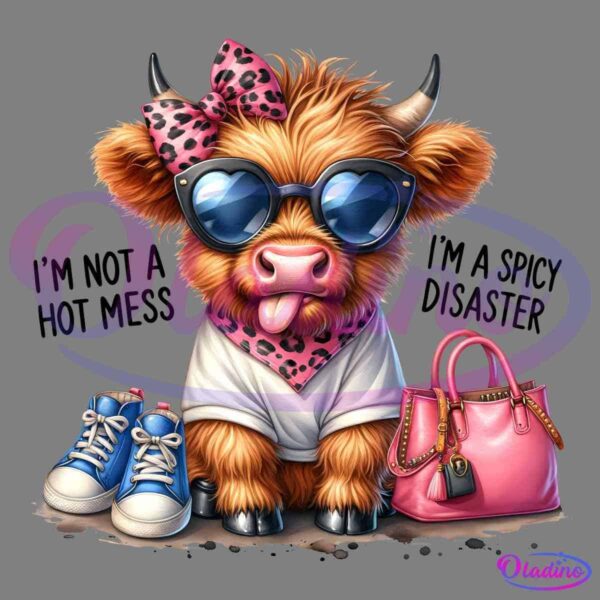 A cute, fluffy highland cow with horns sits wearing oversized sunglasses, a polka-dotted bow on its head, and a pink bandana. It has sneakers beside it and is accompanied by a pink handbag. The cow has its tongue sticking out, creating a playful expression.