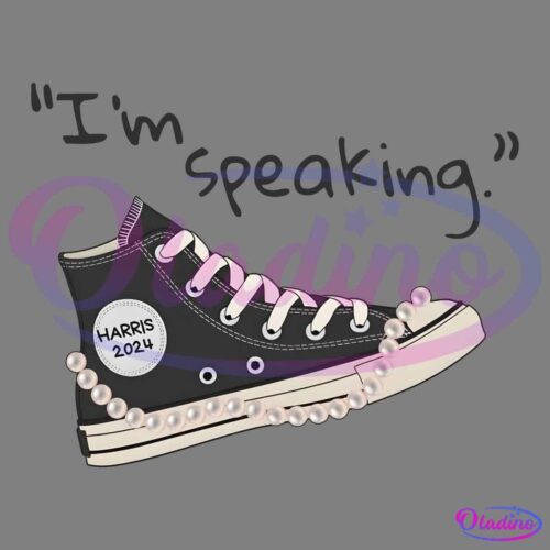 Illustration of a black high-top sneaker with white laces and a string of pearls draped around it. The sneaker has a badge that reads "Harris 2024." The phrase "I'm speaking." is written next to the sneaker.