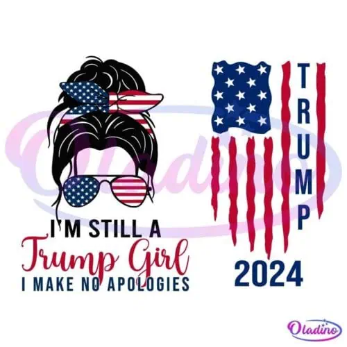 Illustration with patriotic themes. Left side: a silhouette of a woman wearing American flag-patterned sunglasses and a bandana, with text "Trump Girl, I Make No Apologies." Right side: Distressed American flag with text "Trump 2024.