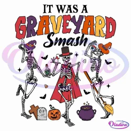 Three dancing skeletons against a black background. One wears a purple hat and holds a potion, the second wears a top hat and cape while sipping a drink, and the third wears an orange witch hat and rides a broomstick. "Graveyard" is written above them in colorful letters.