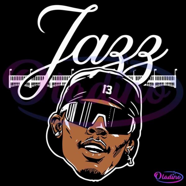 Illustration of a person wearing a black cap with the number 13, large futuristic sunglasses, and earrings against a white and black background with the stylized word "Jazz" and a bridge-like design.