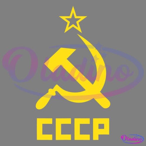 A yellow hammer and sickle emblem over a yellow star, positioned above the Russian letters CCCP, all set against a black background. This iconography is commonly associated with the former Soviet Union.